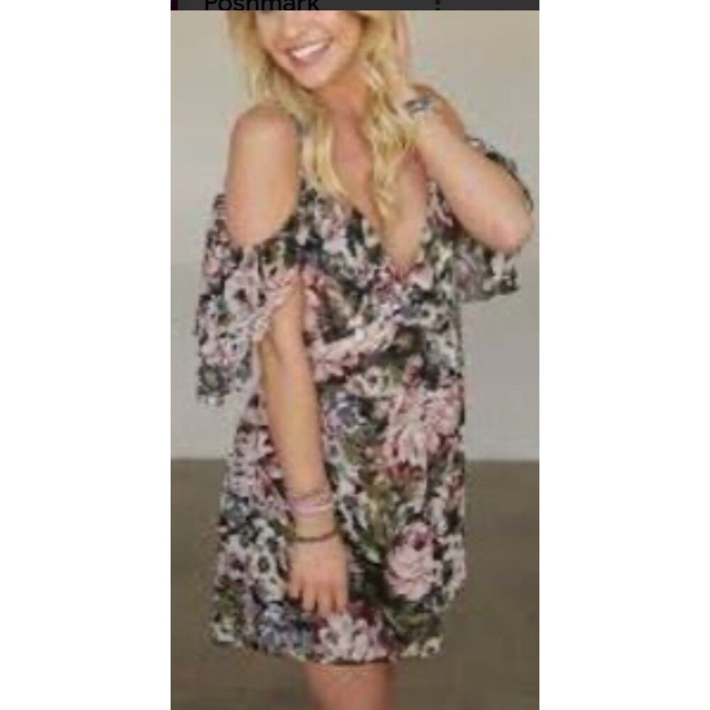 Blu Moon Dress Women's Small Black Floral Print Drop Sleeve Hi Low Made USA